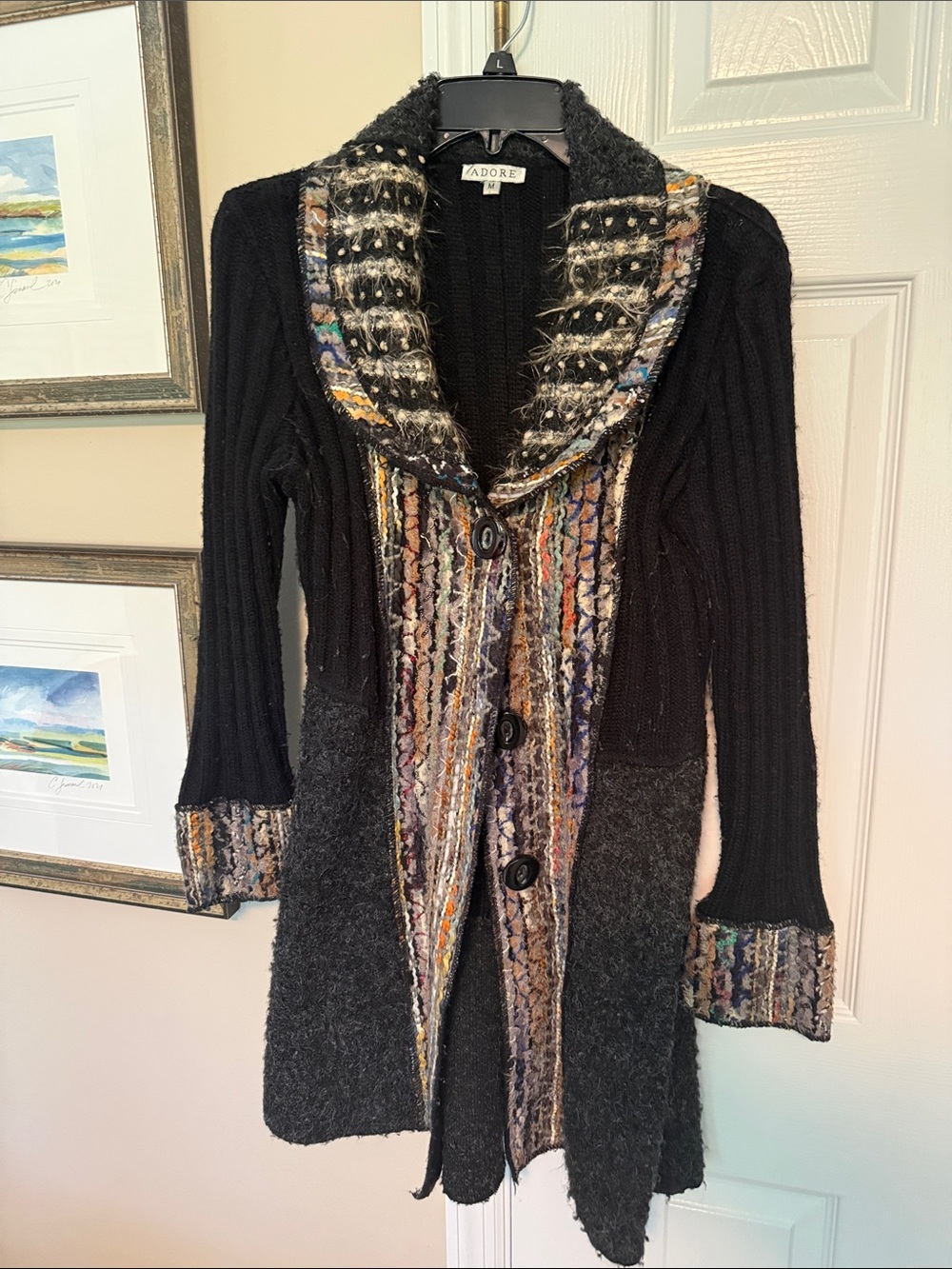Adore Black Cardigan with Multicolor Textured Trim